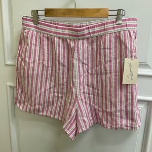 Women's Striped High Rise Pull On Shorts Sz L Elastic Waist Linen Blend Pockets